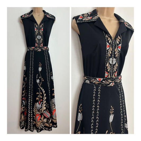Vintage 1970s VERENA MODELLE Size 14 Black Beige & Coral Orange Floral Print Sleeveless Belted Maxi Dress
