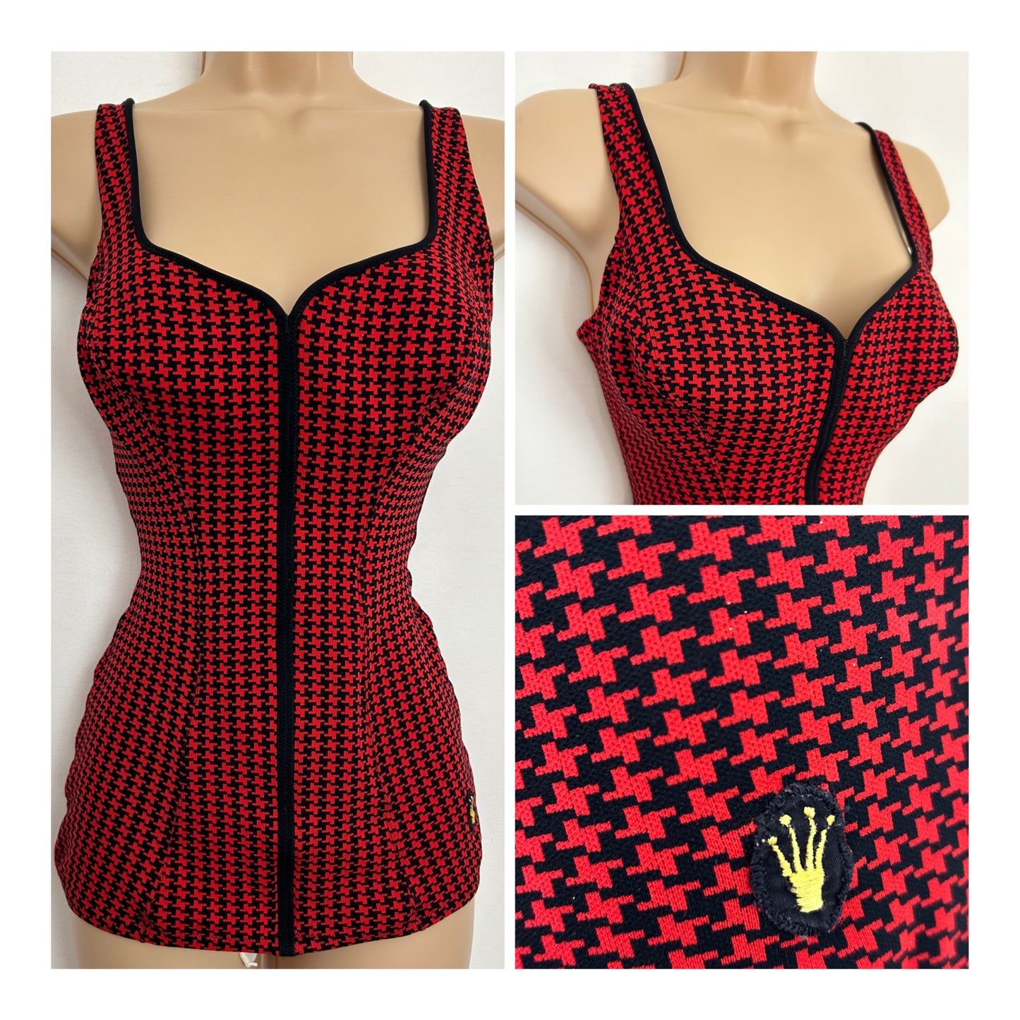 Vintage 1960s TRIUMPH INTERNATIONAL COSTA BRAVA UK Size 10 Red & Black Dog Tooth Check Skirted Swimsuit