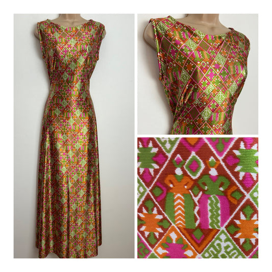 Vintage 1970s DEADSTOCK DEBENHAMS Size 8-10 Green Orange & Pink Abstract Figurine Novelty Print Maxi Dress