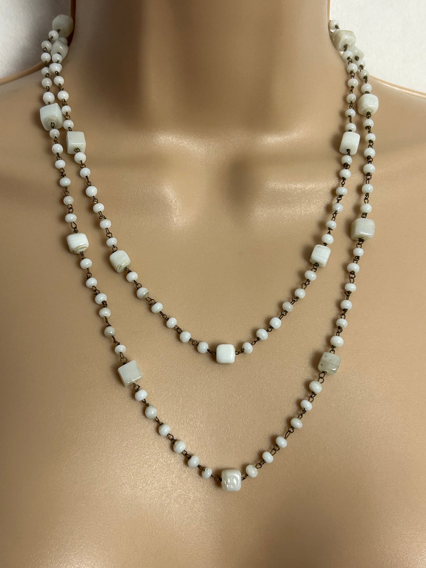 Vintage 1960s White Opaque Milk Glass One or Two Strand Necklace