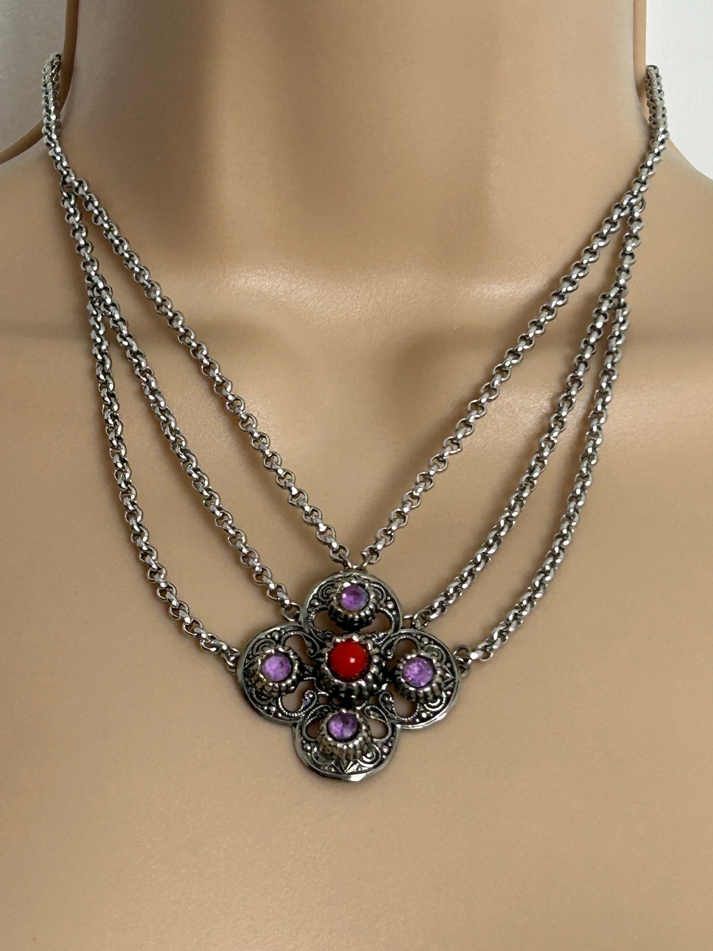 Vintage Silver Tone Base Metal Lilac & Red Stone Set Triple Chain Scottish Celtic Style Necklace