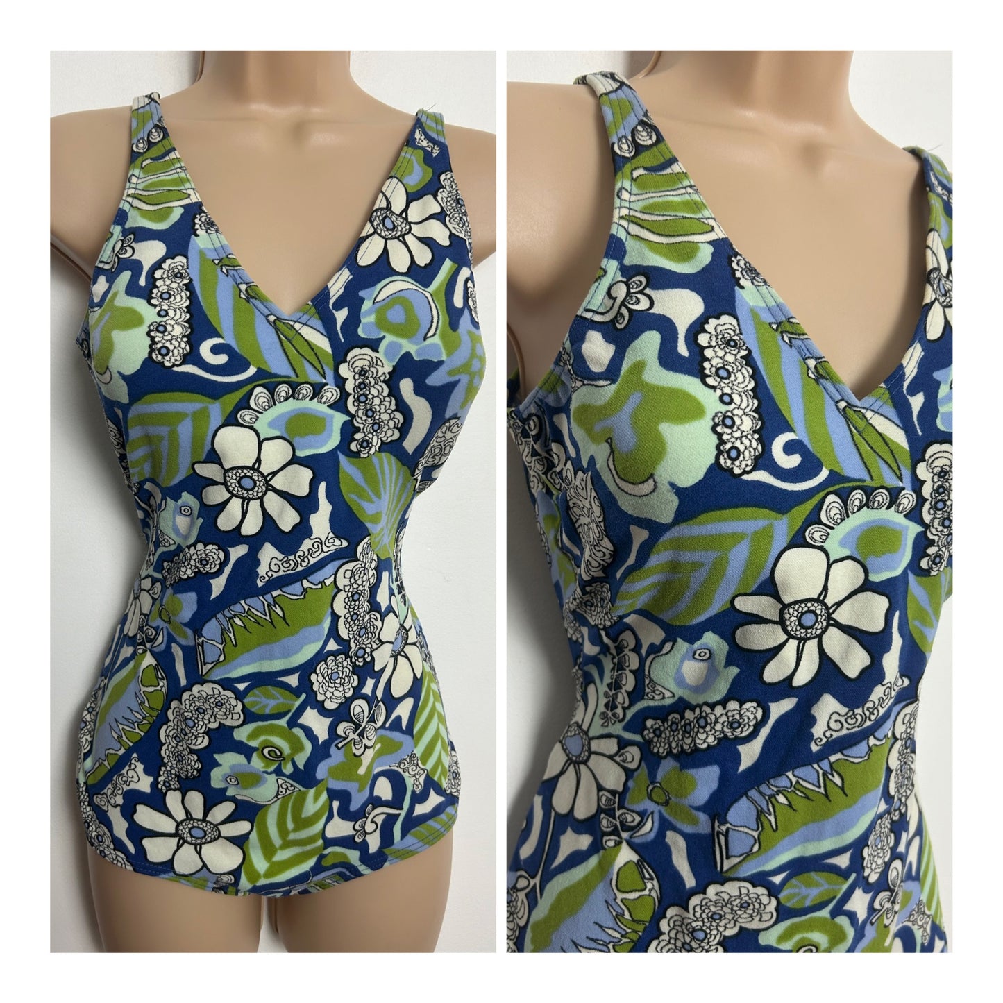 Vintage Late 1960s RASUREL Size 16 Blue & Green Floral & Leaf Print Padded Swimsuit
