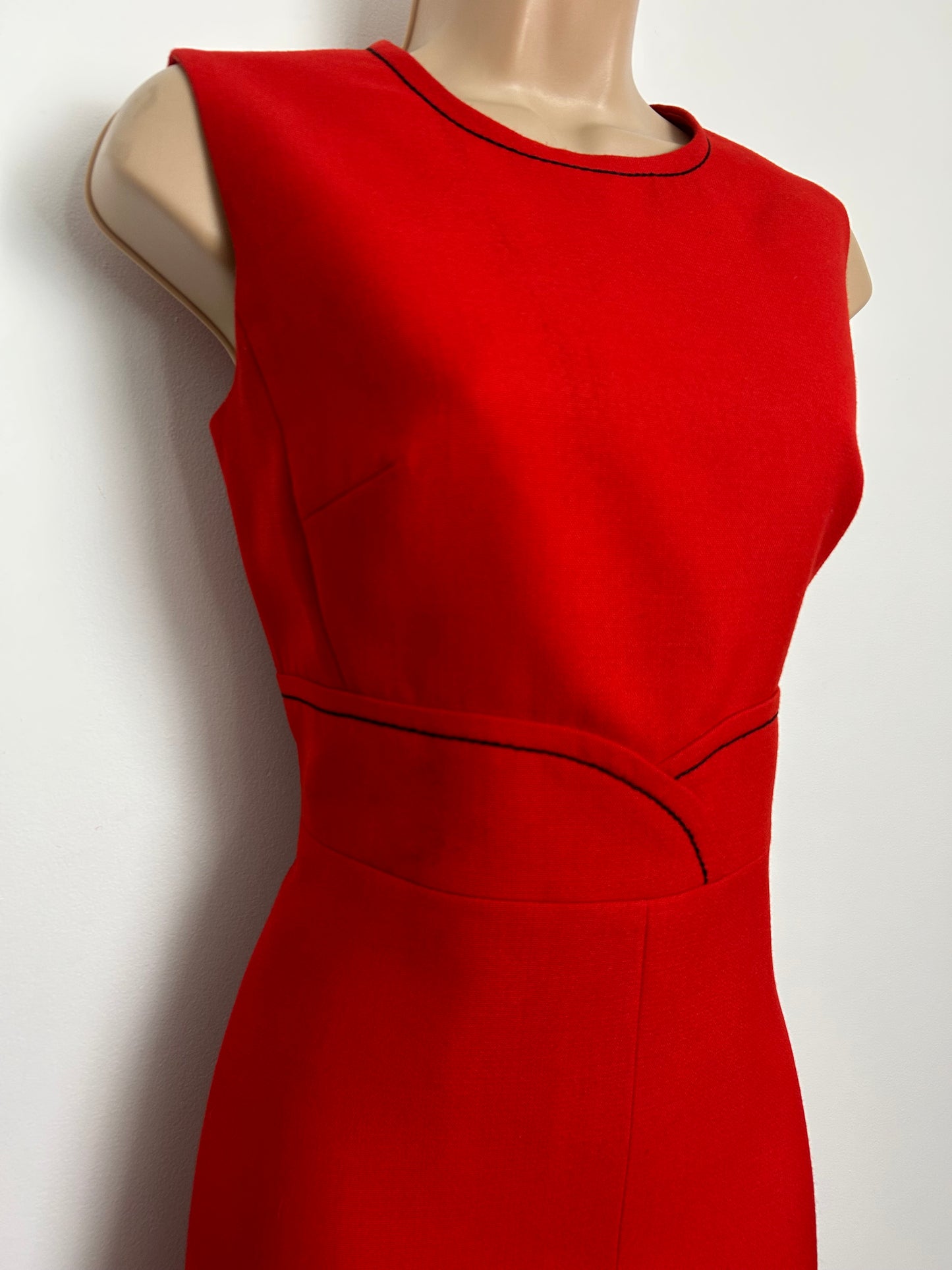 Vintage 1960s Size 8-10 Red Black Stitch Detail New Wool Mod Dress