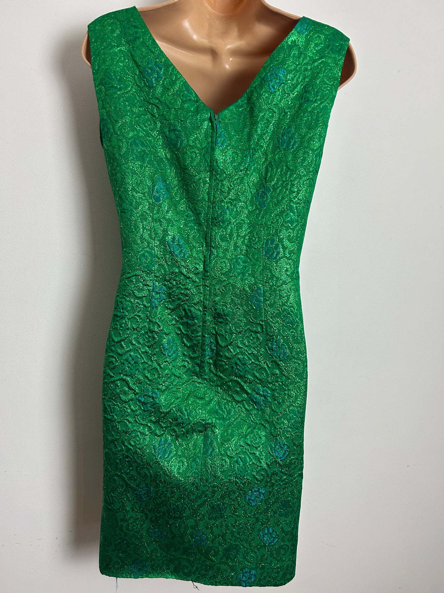 Vintage 1960s LAURA PHILLIPS Size 10 Metallic Green & Blue Textured Jacquard Xmas Party Mini Dress