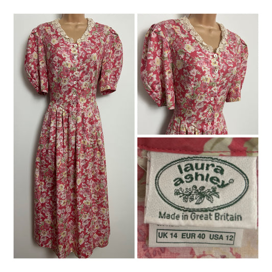 Vintage 1980s LAURA ASHLEY Size 12 Pink Tones Floral Print Lace Collar Cotton Tea Dress