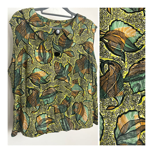 Vintage 1950s Size 14 Green & Brown Tones Leaf Print Sleeveless Collared Top