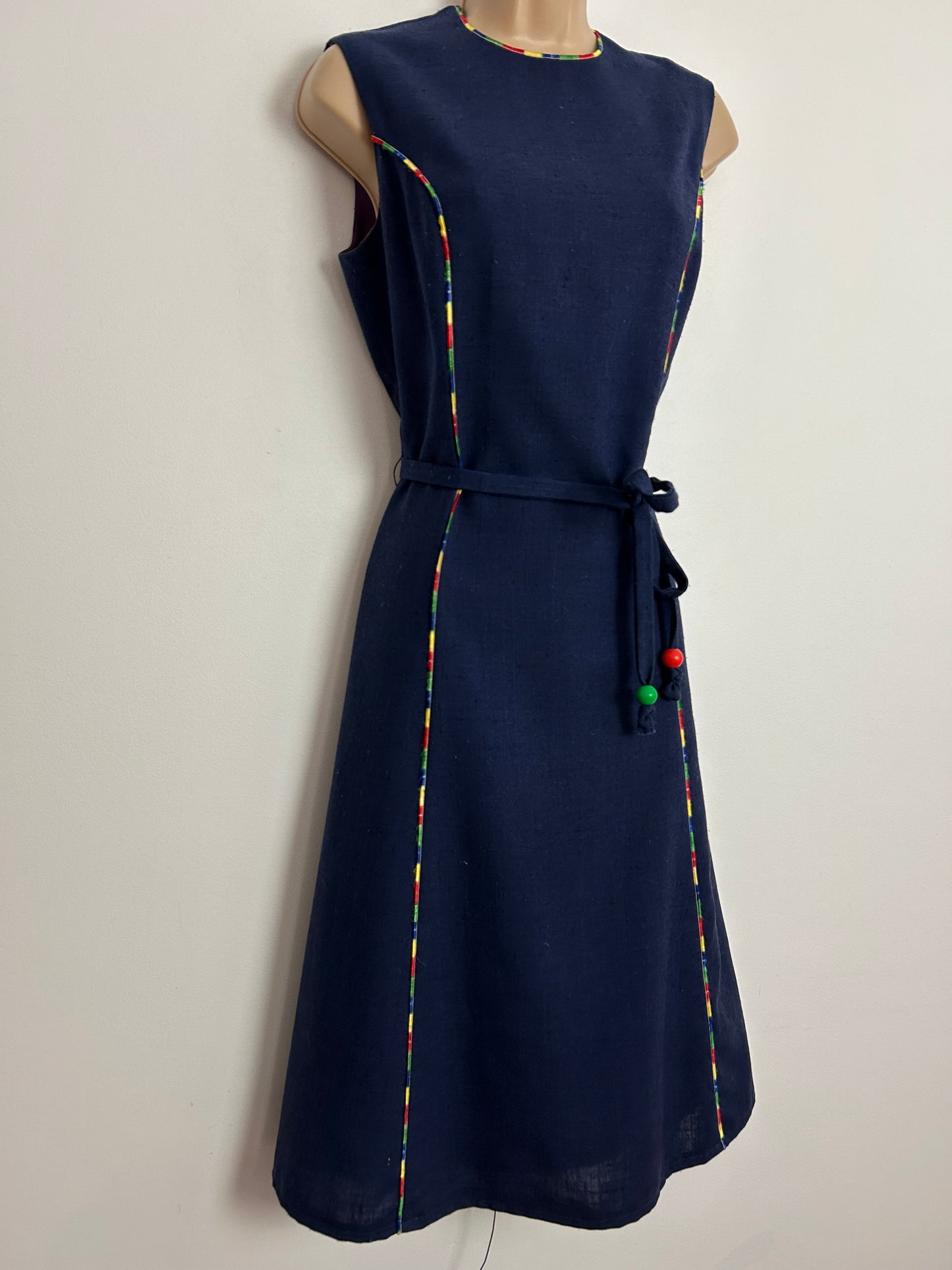 Vintage 1970s MARISA By KITTY COPELAND UK Size 10 Navy Blue Rainbow Thread Braid Trim Belted Sleeveless Dress