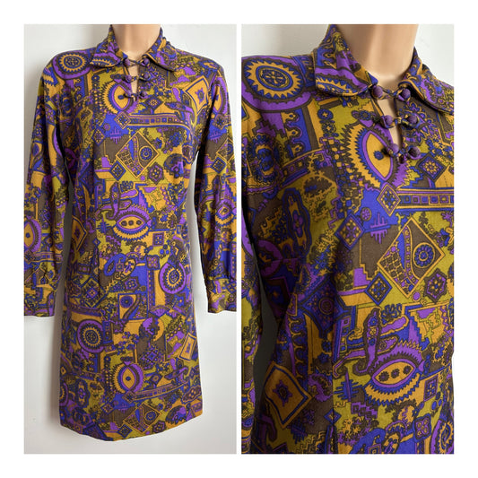 Vintage 1960s Size 12-14 Purple Brown & Mustard Abstract Scarf Print Mod Shift Dress