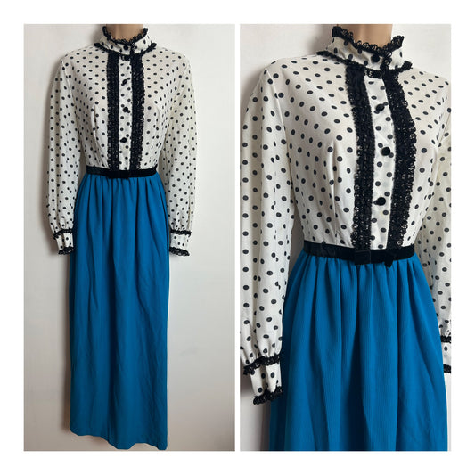 Vintage 1970s UK Size 10-12 White Black & Peacock Blue Polka Dot Nylon Lightweight Prairie Boho Maxi Dress