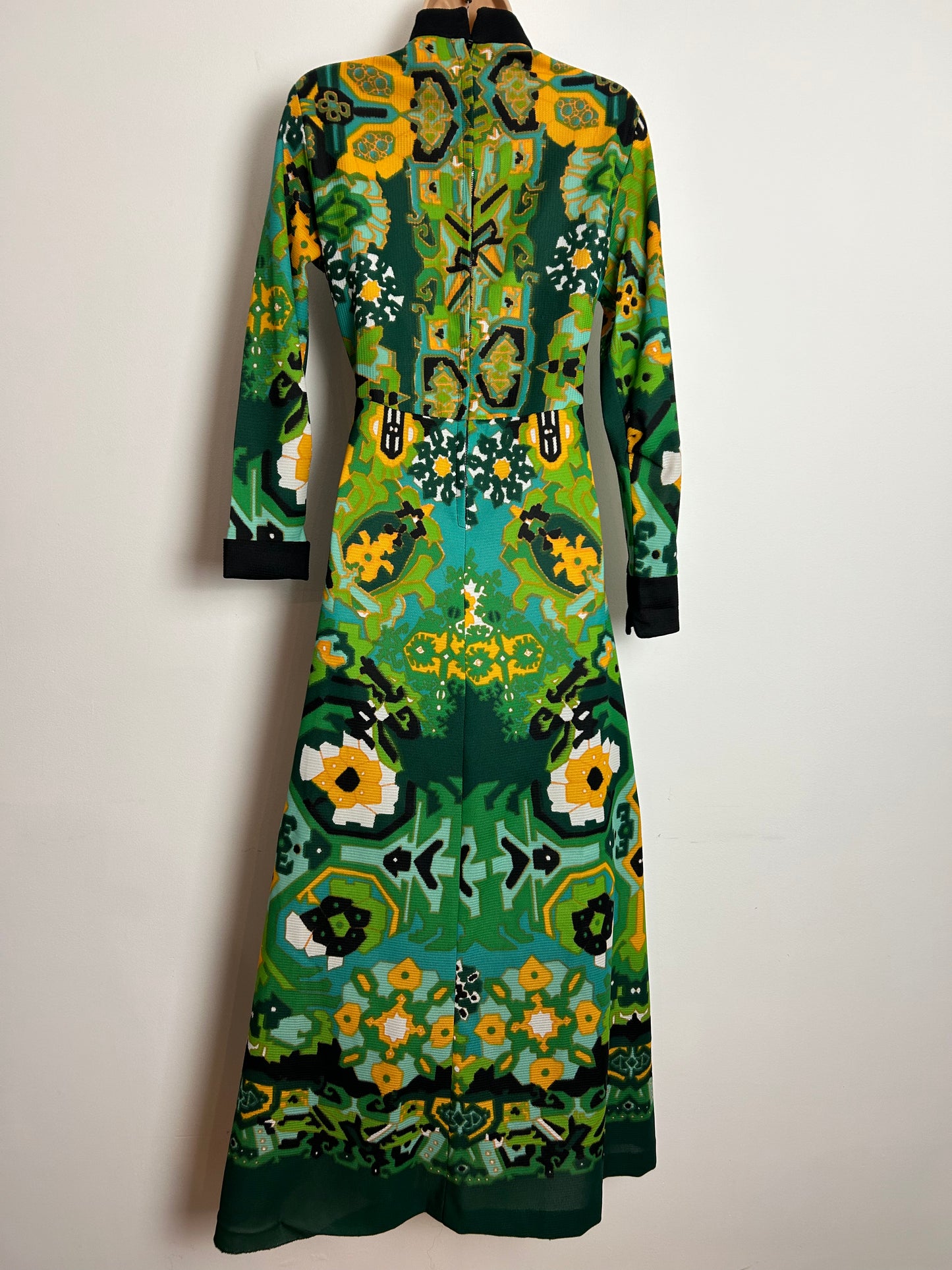 Vintage 1970s UK Size 10 Stunning Green Yellow & Turquoise Abstract Print Long Sleeve Boho Maxi Dress