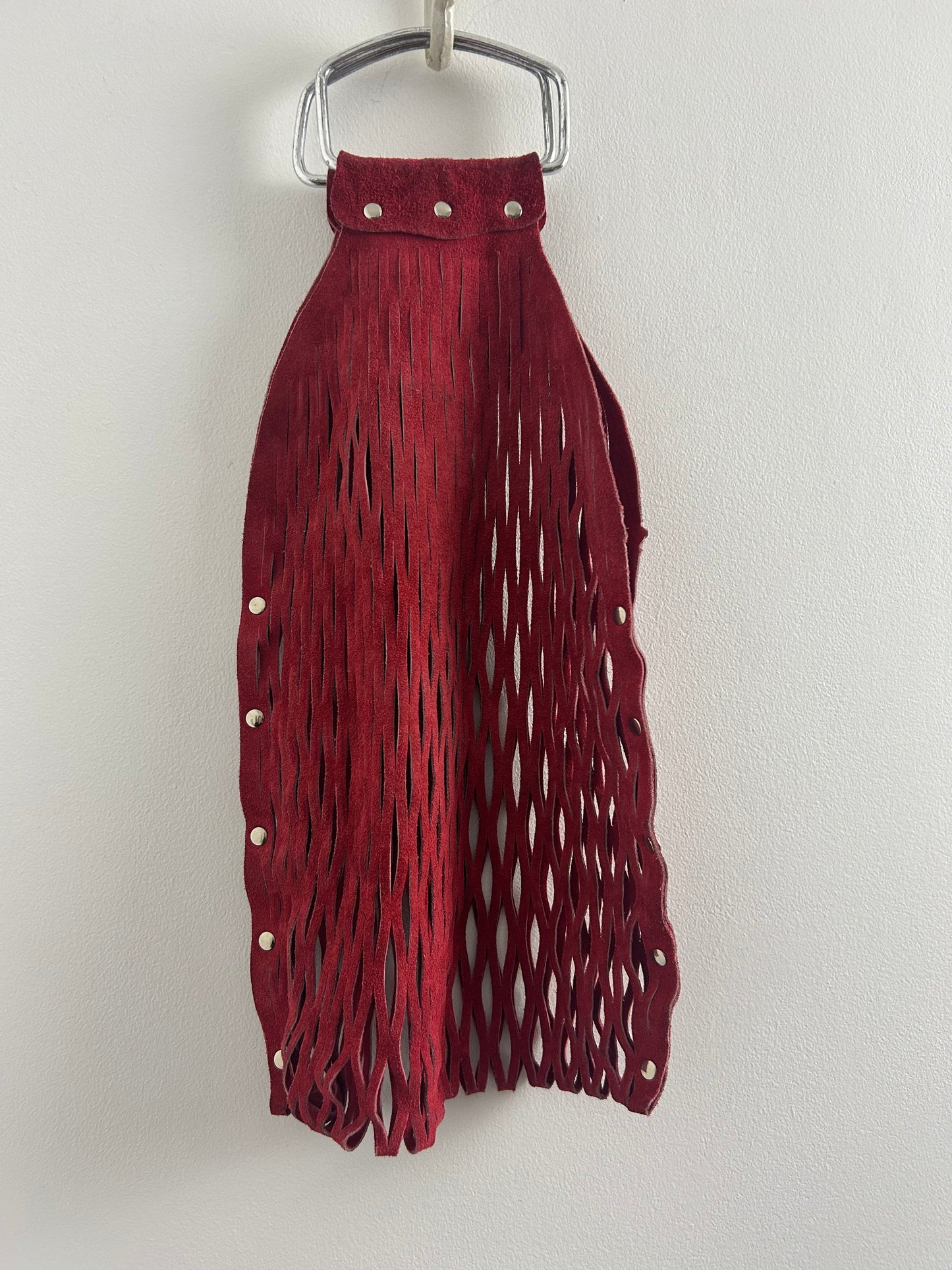 Vintage Late 1960s Red Suede Leather Lattice Cutwork Stretchy Boho Bag