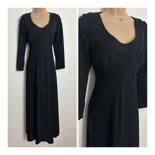 Vintage 1970s YVETTE UK Size 10-12 Black Braid Trim Detailing Long Sleeve Occasion Evening Maxi Dress