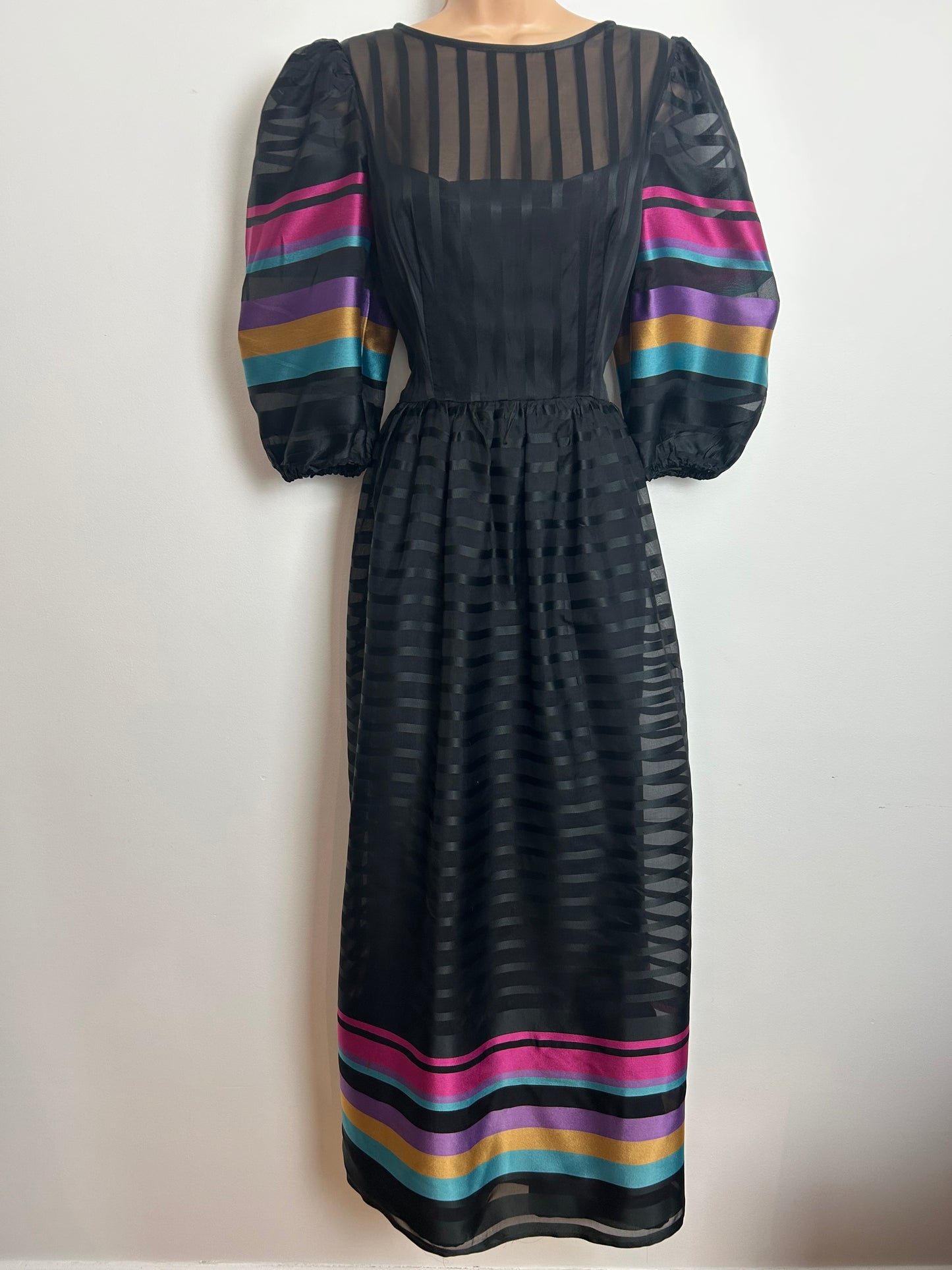 Vintage 1980s CHARADE Size 10-12 Black Blue Pink Mustard & Purple Stripe Print Maxi Dress