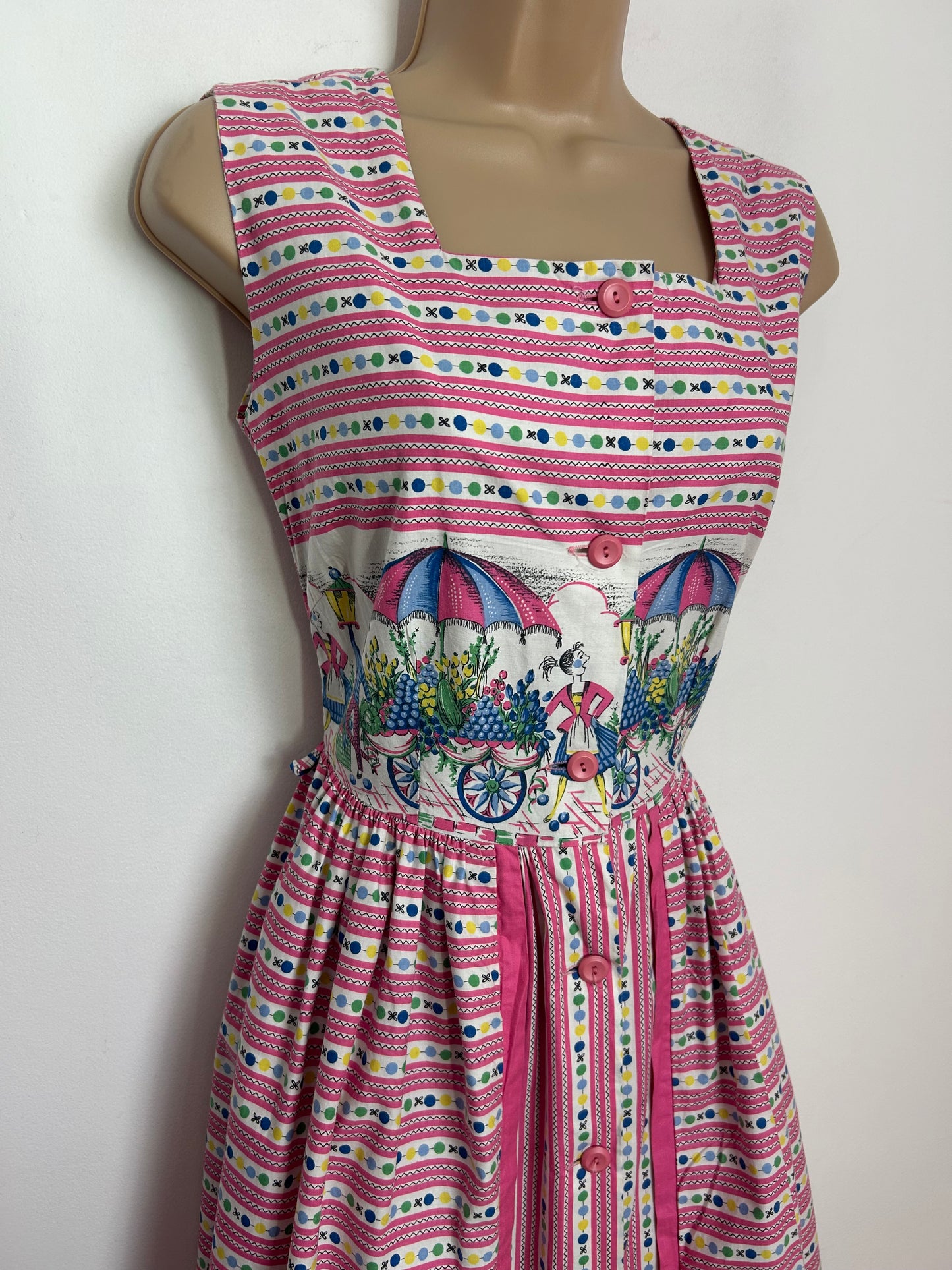 Vintage Late 1950s Early 1960s Size 8 Pink White & Blue Spot Stripe & Flower Stall Novelty Print Cotton Summer Day Dress