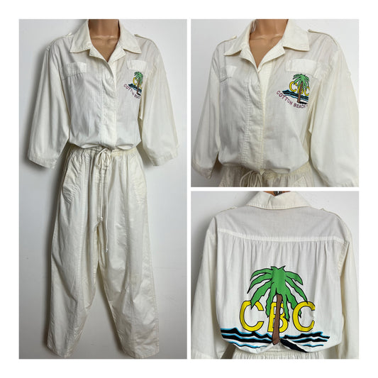 Vintage 1980s Size 8-10 Cream Cotton Beach Club Short Sleeve Blouson Summer Jumpsuit