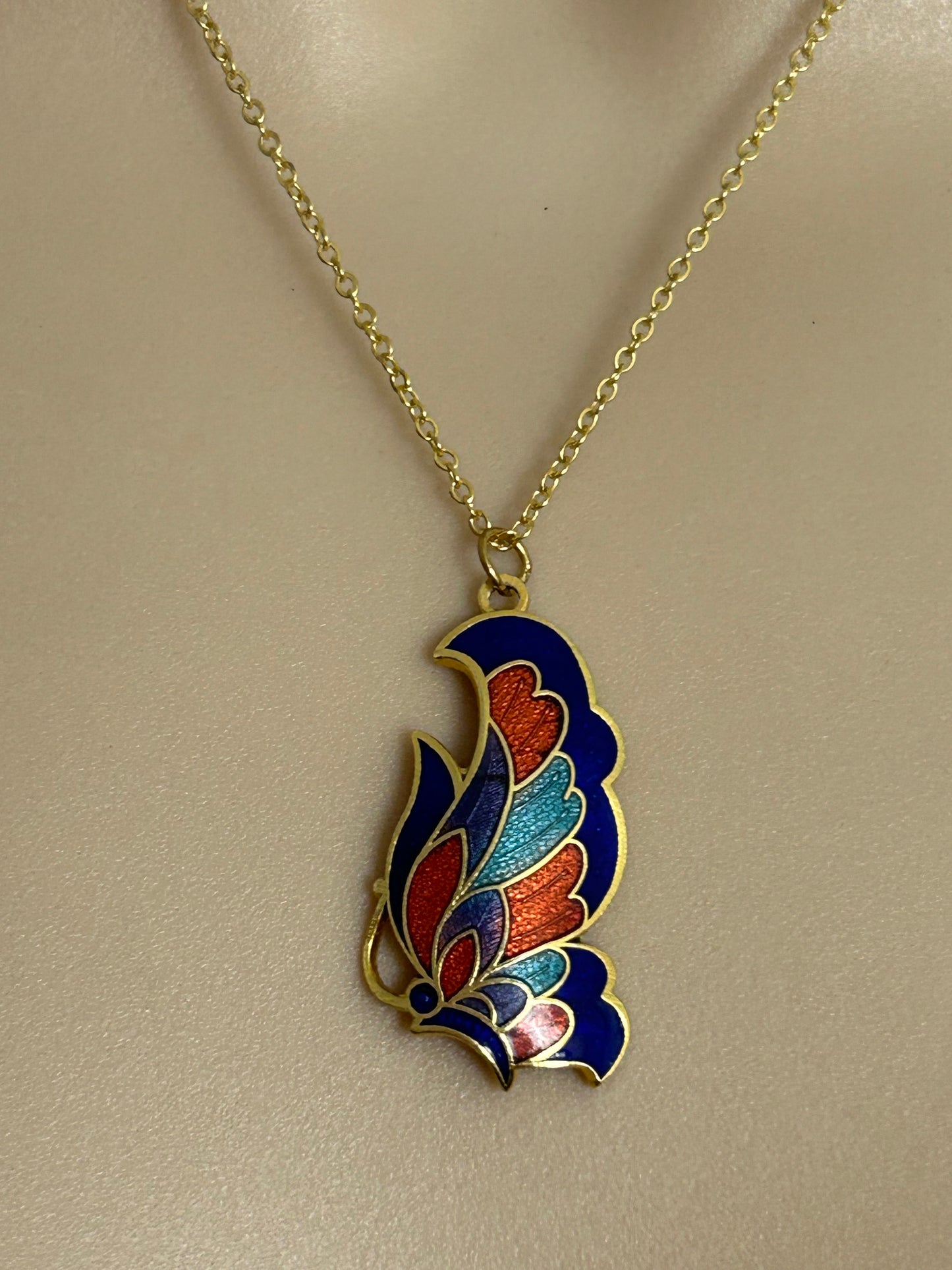 Vintage Gold Tone Cloisonne Enamel Butterfly Pendant & Necklace