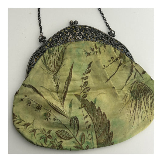 Antique Circa 1900's Victorian/Edwardian Silver Cherub Frame Green Silk jacquard Bag