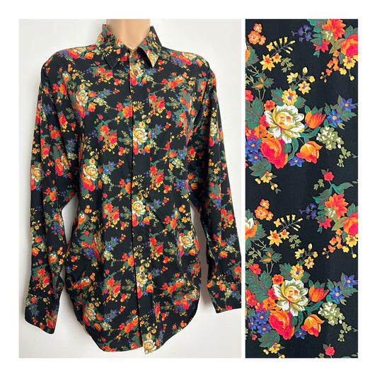 Vintage 1980s TIDEWATER Size L (Up to 16) Black Orange & Blue Floral Cotton Ruched Side Detail Shirt