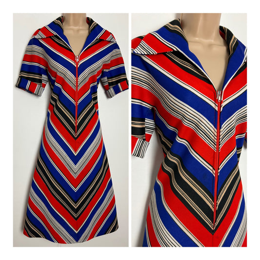 Vintage 1970s Size 10 Blue Red Black & Beige Chevron Stripe Print Zip Front Shift Mod Dress