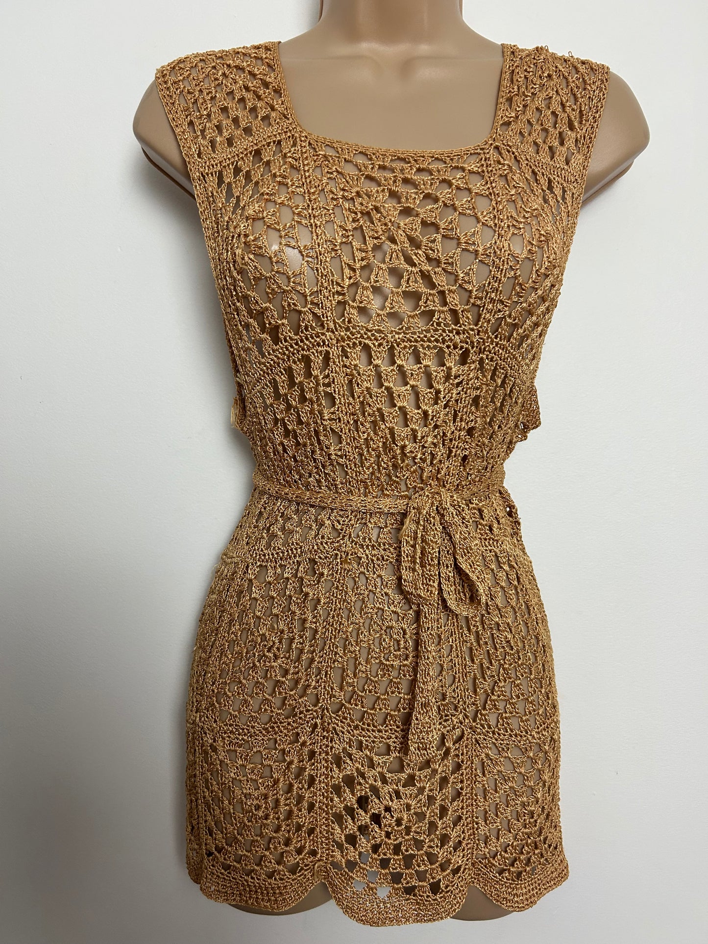 Vintage Size 8 Dark Beige Open Sided Belted Crochet Cover Up Top