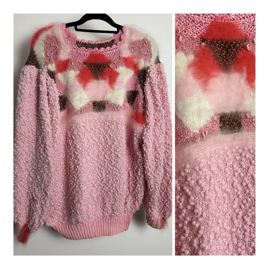 Vintage 1980s Size 12-14 Cute Oversized Pink Tones Fluffy Popcorn Knit Jumper