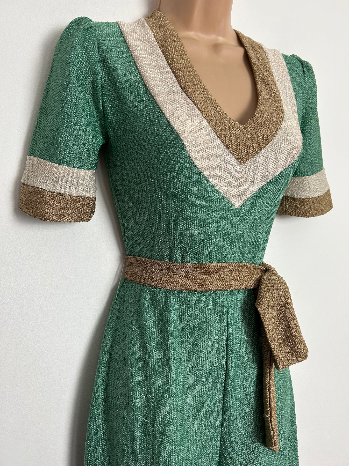 Vintage 1970s VAN ALLEN UK Size 6-8 Green Beige & Brown Stripe Short Sleeve Belted Wide Leg Palazzo Jumpsuit