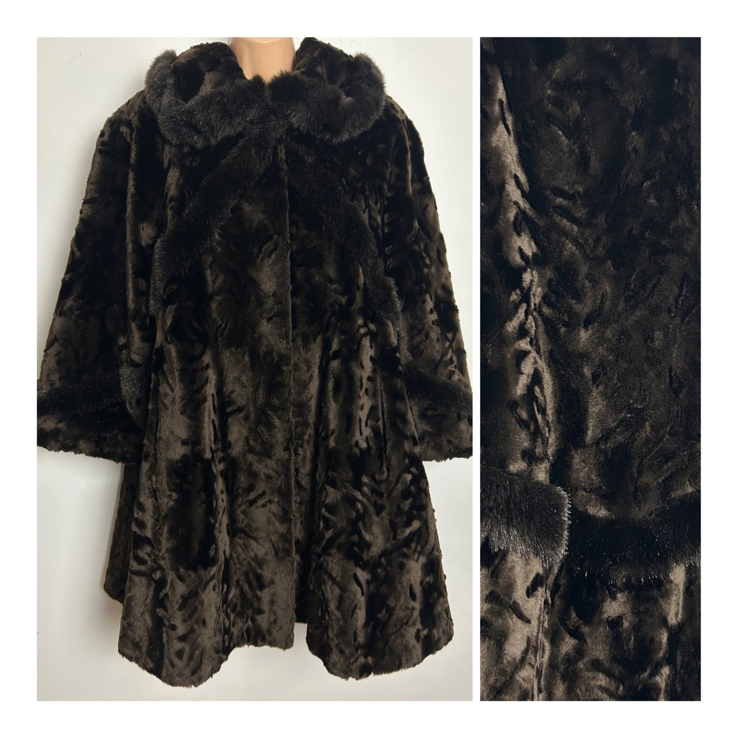 Vintage 1980s IL PAVONE Up To Size 16 Brown Faux Fur 3/4 Length Sleeve Swing Coat