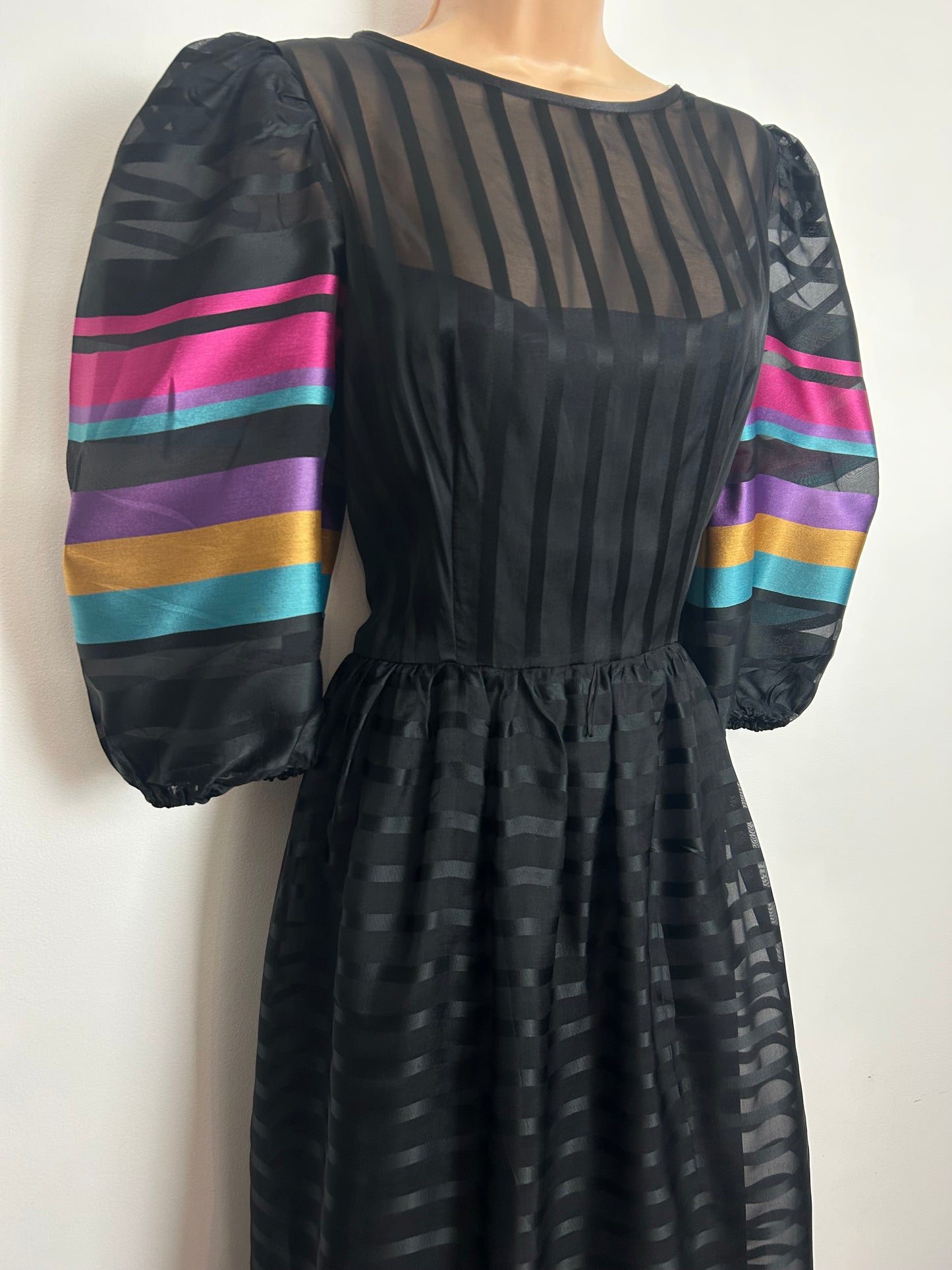 Vintage 1980s CHARADE Size 10-12 Black Blue Pink Mustard & Purple Stripe Print Maxi Dress