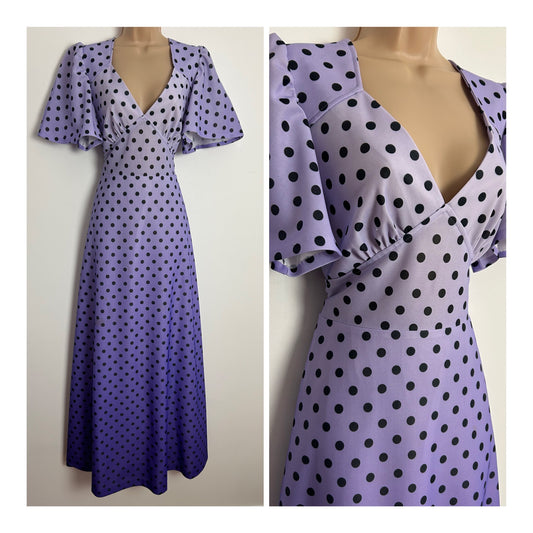 Vintage 1970s Size 12 Lilac & Purple Ombre Short Sleeve Tie Back Maxi Dress