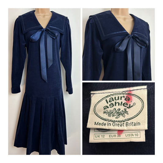 Vintage 1980s LAURA ASHLEY Size 12 Navy Blue Fine Cotton Needlecord Sailor Collar Ribbon Tie Pleated Midi Dress