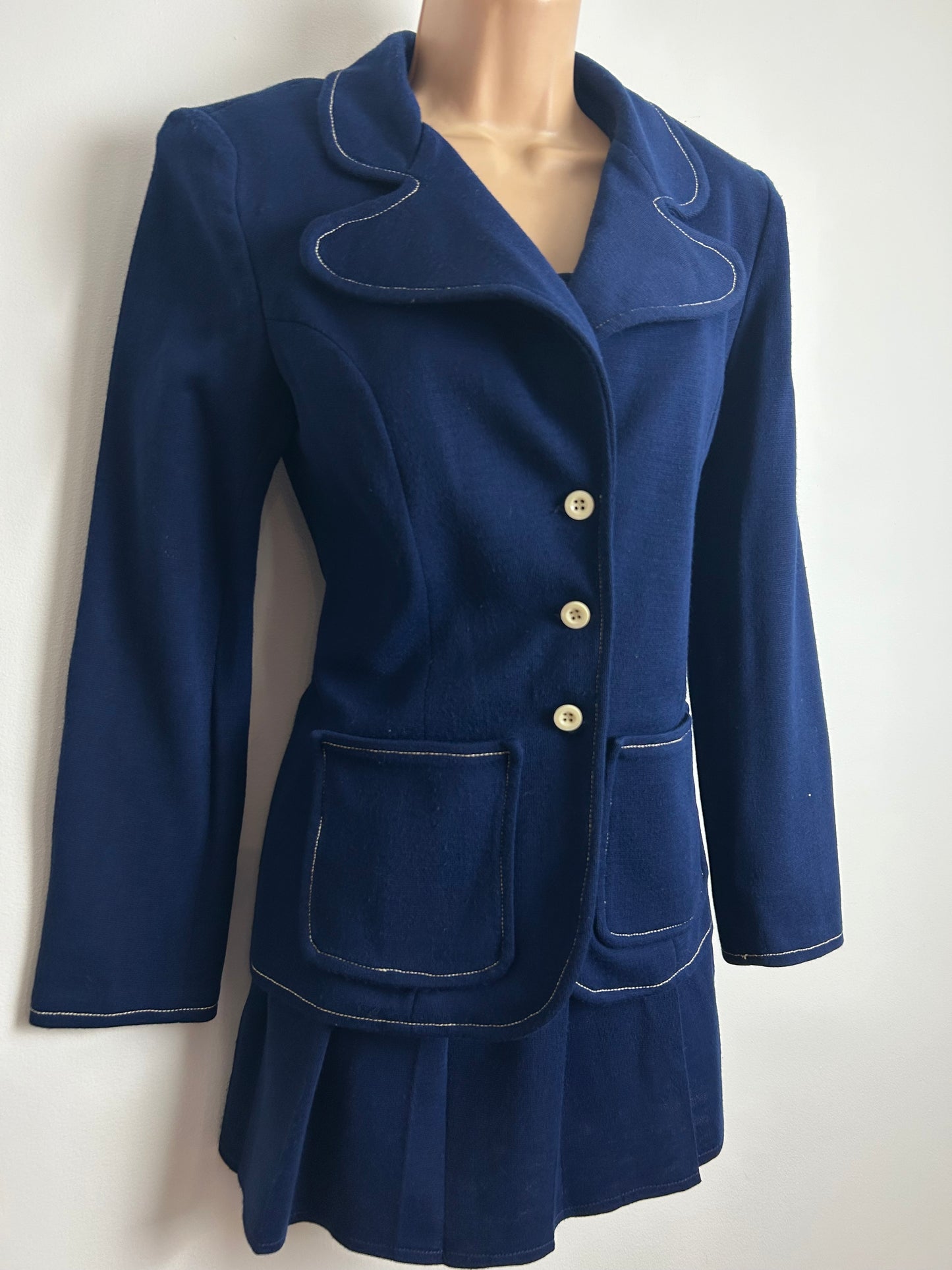 Vintage 1960s Size 8 Navy Blue Polka Dot Pleated Mini Mod Suit: Dress & Matching Jacket