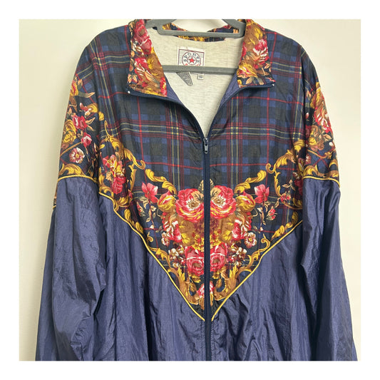 Vintage 1980s SPORT ACCENT (Upto size 20/22) Dark Blue Red & Mustard Check & Floral Print Shell Suit Jacket
