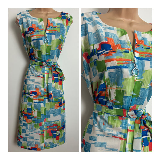 Vintage 1970s Size 16 White Blue Green & Orange Abstract Print Zip Front Belted Dress
