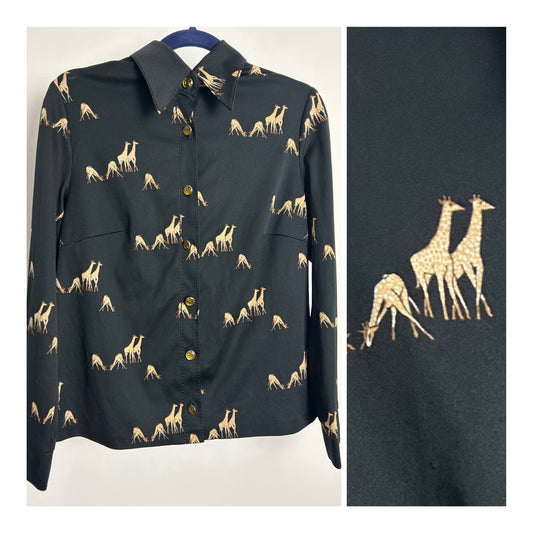 Vintage 1970s Size 14 Black & Beige Giraffe Novelty Print Long Sleeve Shirt