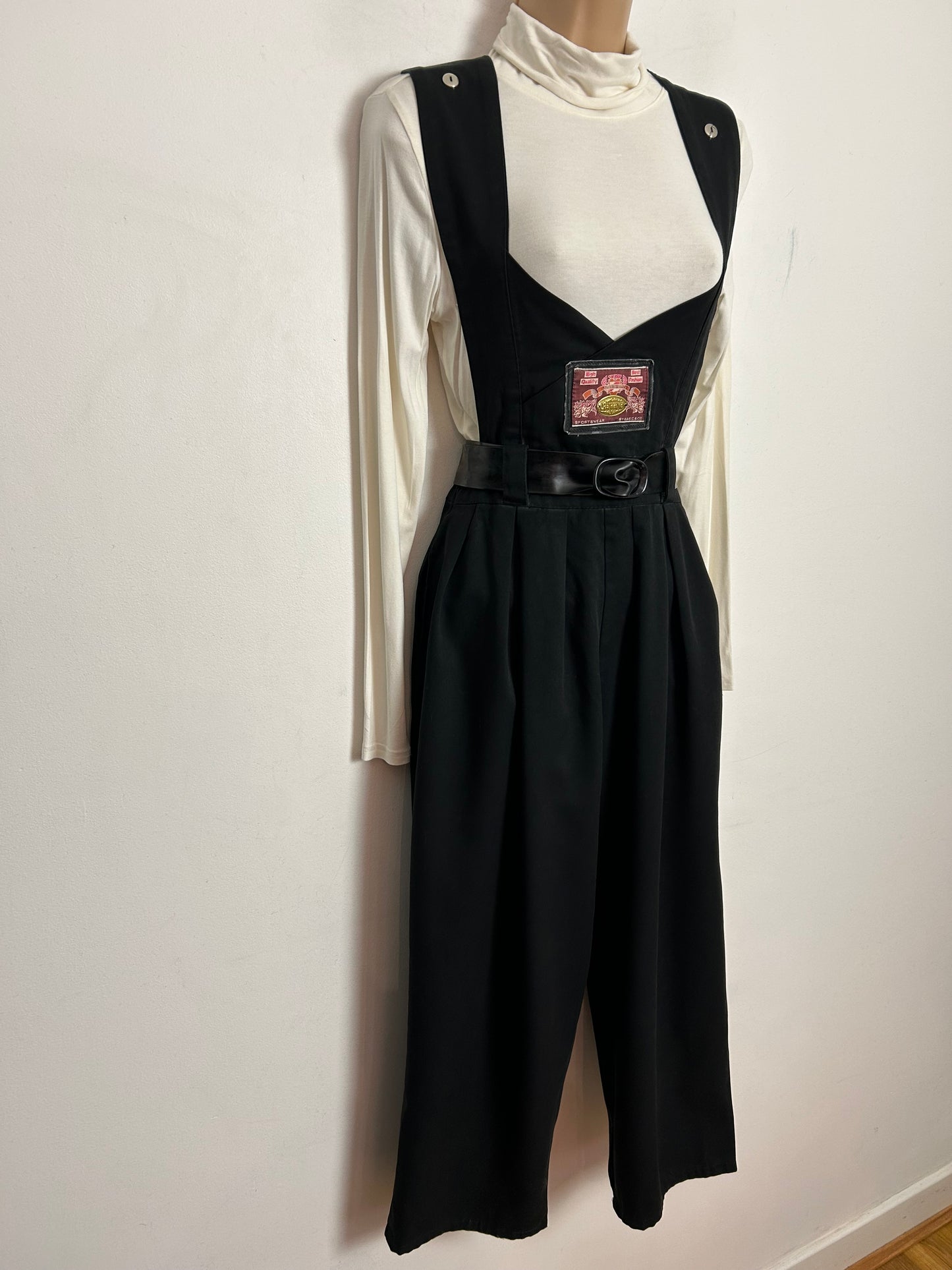 Vintage 1980s UK Size 10 Black Low Front Wide Straps Belted Cropped Wide Leg Jumpsuit