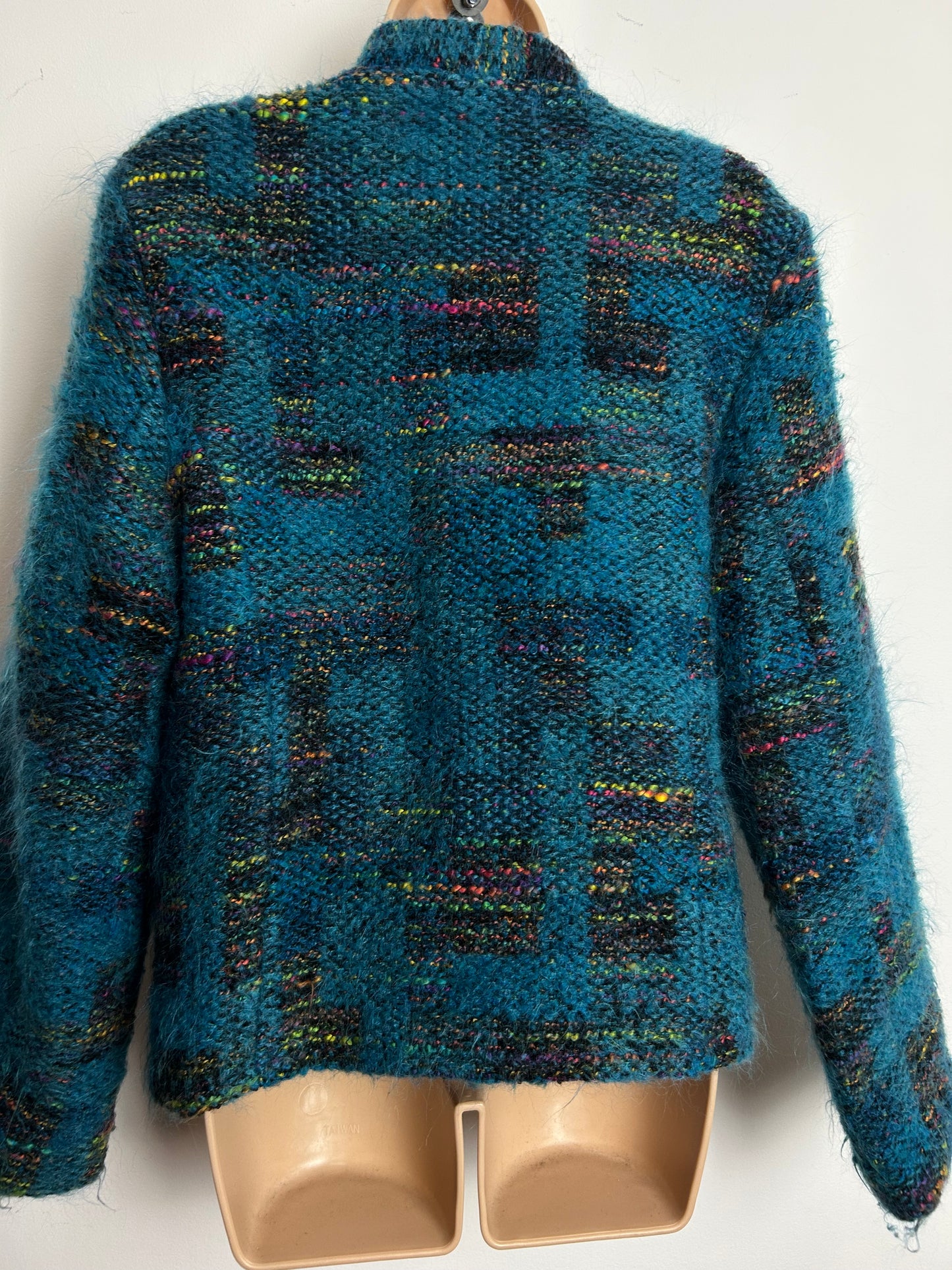 Vintage Early 1980s Size 12-14 Peacock Blue Mohair & Wool Mix Collarless Jacket
