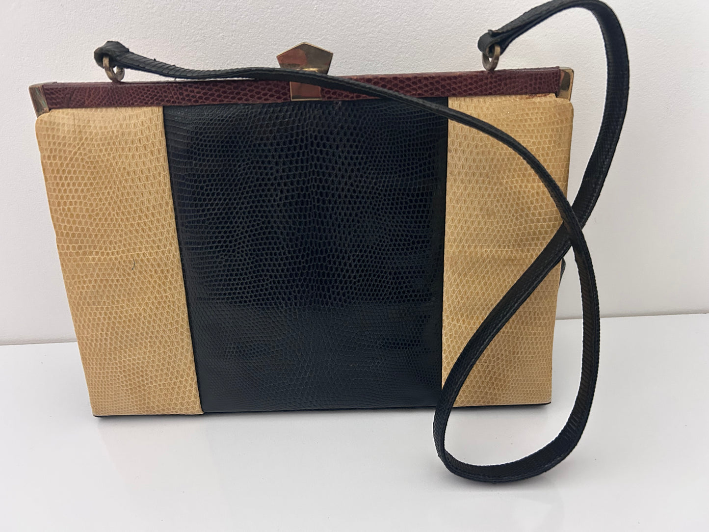 Vintage 1960s Black Beige & Brown Mock Reptile Leather Kelly Style Shoulder Handbag