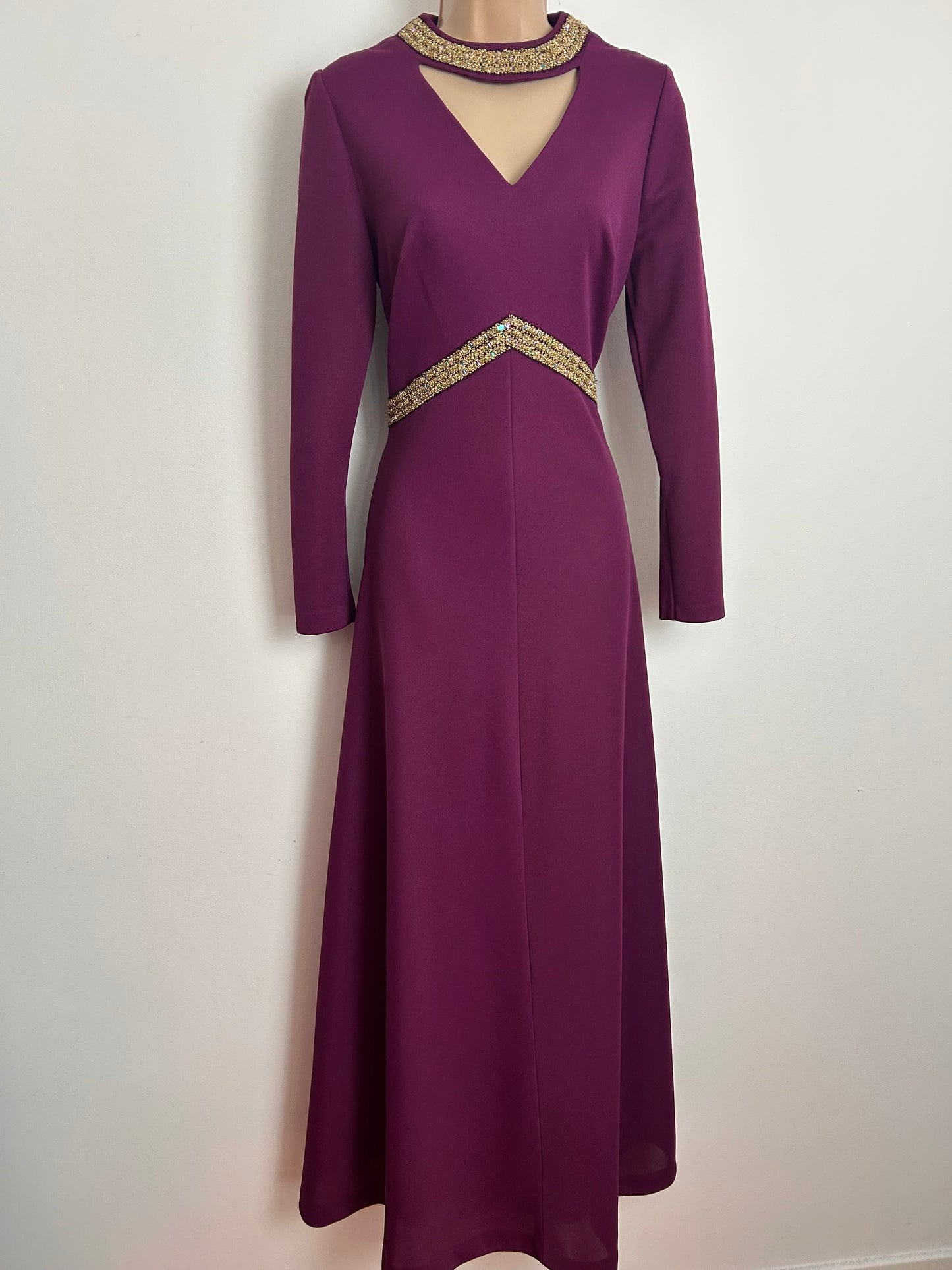 Vintage 1970s LEYGIL Size 8 Plum Purple Key Hole Choker Neck Gold Braid Trim Detail Occasion Maxi Dress