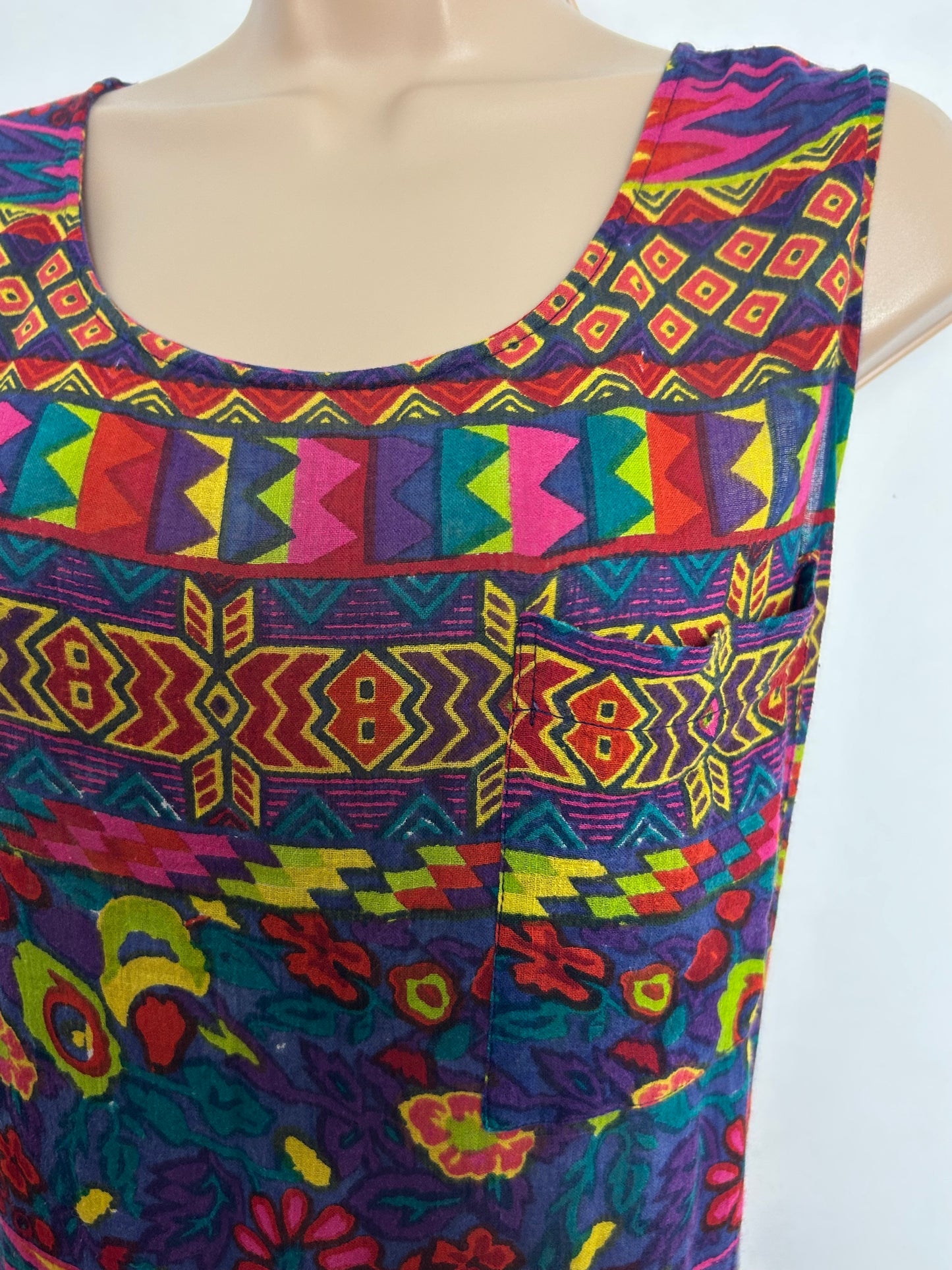 Vintage 1990s BRYN CONNELLY Size M 12 Purple Red Yellow & Green Abstract Print Indian Cotton Gather Pleated Smock Style Midi Dress
