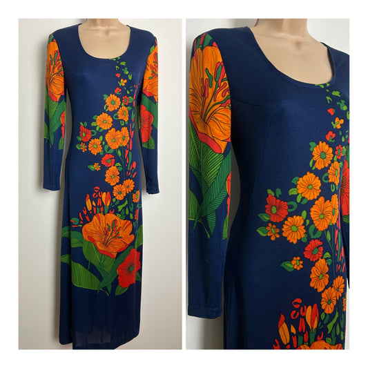 Vintage 1970s Size 12 Gorgeous Navy Blue & Orange Bold Floral Print Long Sleeve Maxi Dress