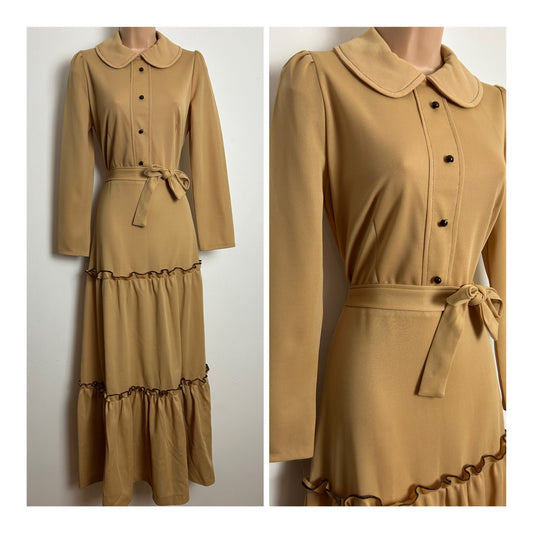 Vintage 1970s Size 10 Sandy Beige Crimplene Belted Tiered Long Sleeve Maxi Dress