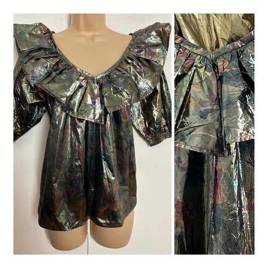 Vintage 1980s UK Size 12 Gold Pink & Green Floral Print Ruffle Trim Lame Blouse Top