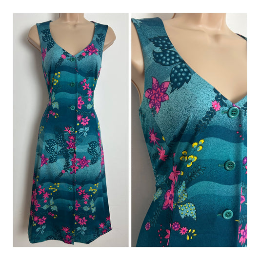 Vintage 1970s FURSTENBERG Size 12 Turquoise Teal & Pink Floral Print Sleeveless Day Dress