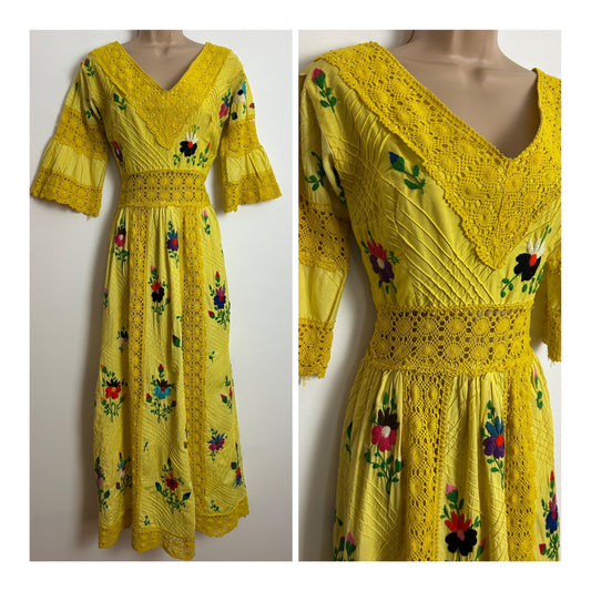 Vintage 1970s UK Size 6-8 Yellow Cotton Pintuck Lace Panel Floral Embroidered MEXICAN Maxi Dress