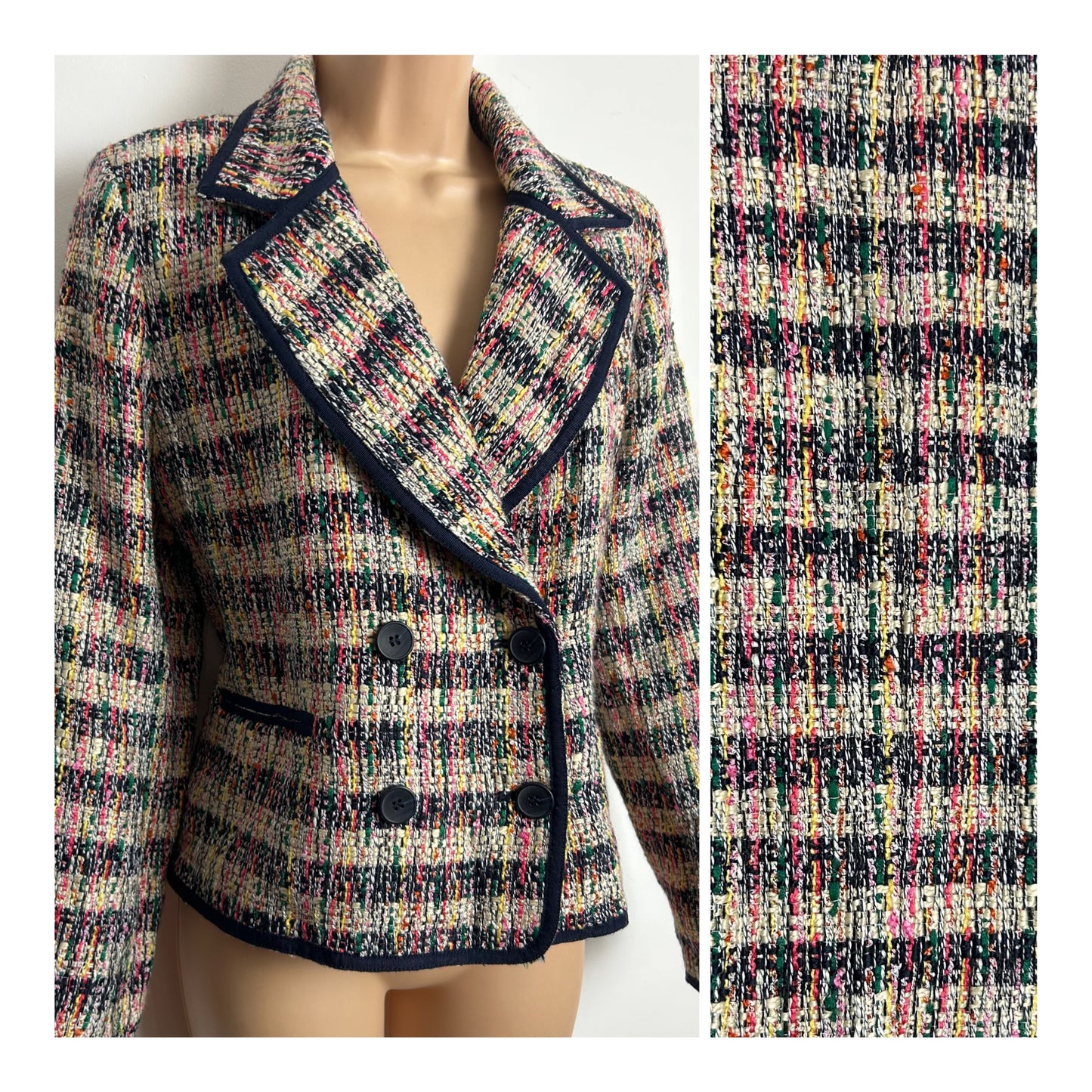 Vintage 1990s TALBOTS PETITE Size 12-14 Black Beige Green & Pink Tweed Double Breast Blazer