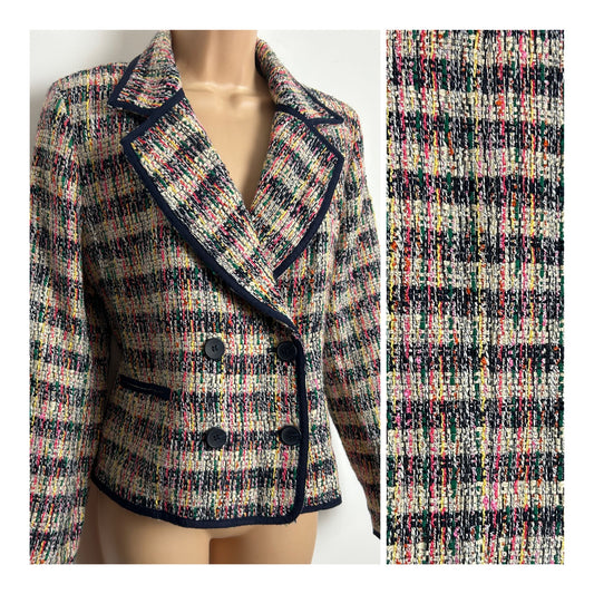 Vintage 1990s TALBOTS PETITE Size 12-14 Black Beige Green & Pink Tweed Double Breast Blazer