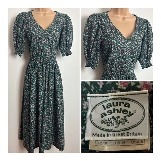 Vintage 1980s LAURA ASHLEY Size 6 (Size 10 On Label) Dark Green Ditsy Floral Print Cotton Midi Day Dress