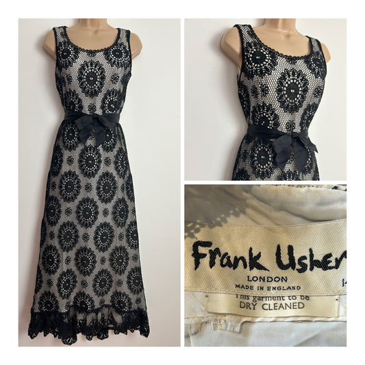 Vintage 1960s FRANK USHER LONDON Size 8 Black Crochet Lace Sleeveless Satin Belted Occasion Evening Maxi Dress