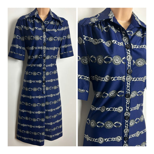 Vintage 1970s Size 10 Navy Blue & Silver Chain & Coin Print Short Sleeve Mod Shift Dress