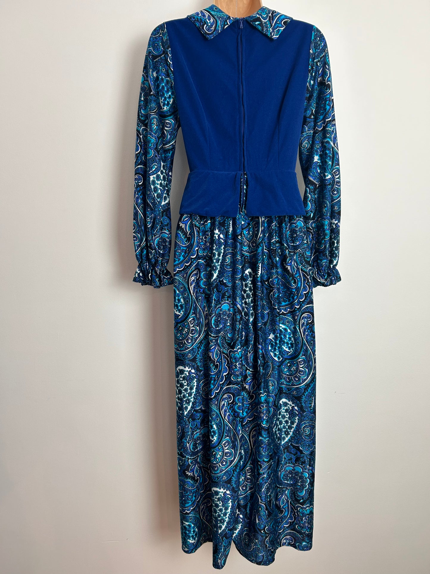 Vintage 1970s Approx UK Size 8-10 TURNABOUTS Blue Tones Velour Bodice Lace Up & Peplum Beagle Collar Maxi Dress